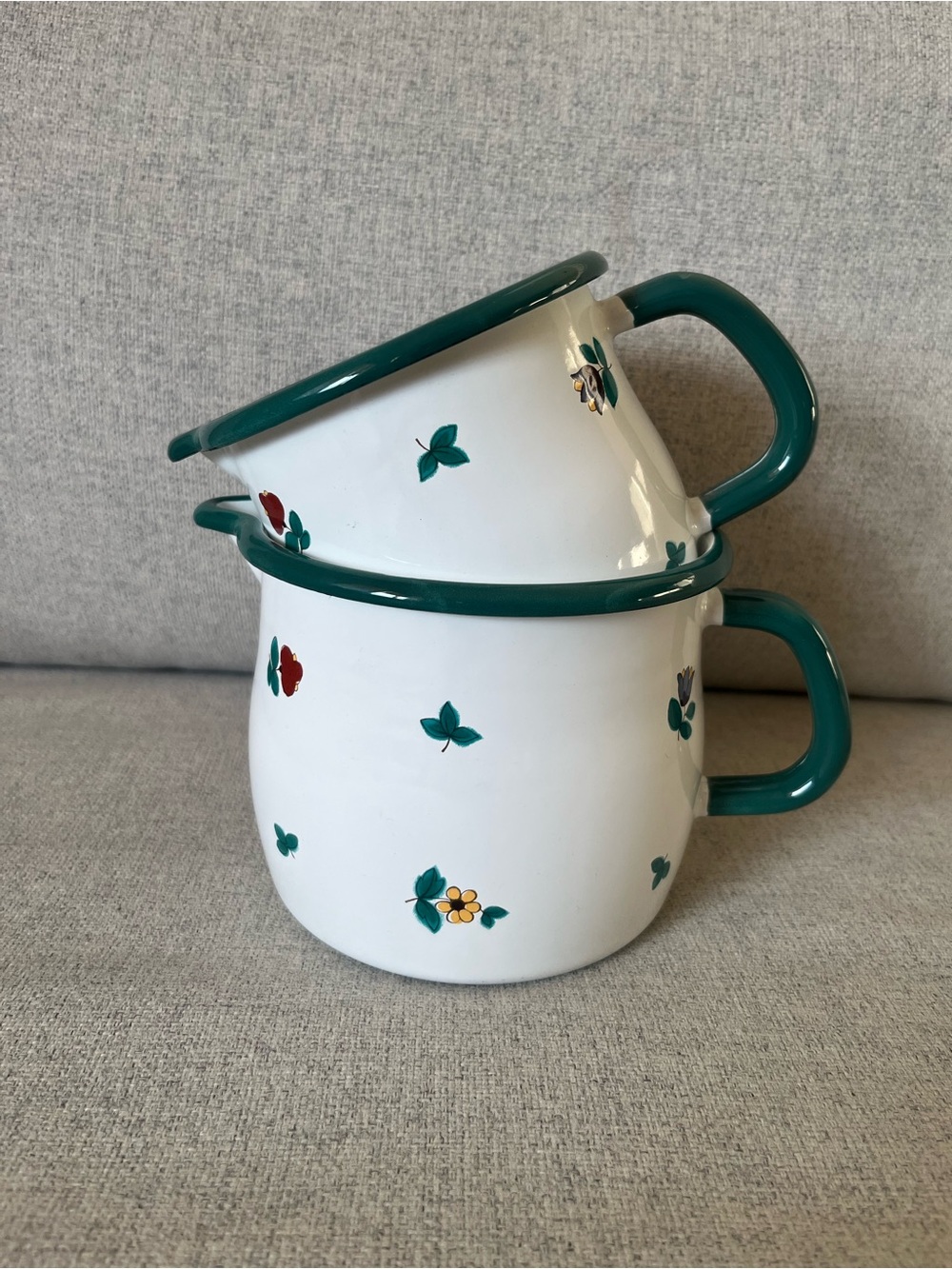 Riess enamelware floral pouring jugs set of 2